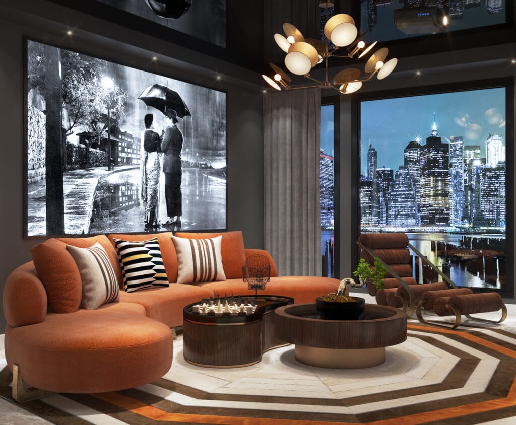 Living room with orange sofa modern chandelier and black & white painting