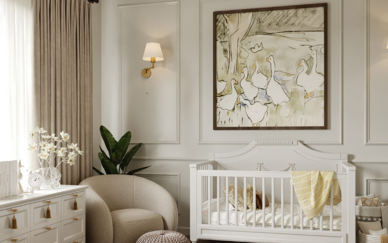 Lullaby Lane Nursery with white crib with chair and Artwork
